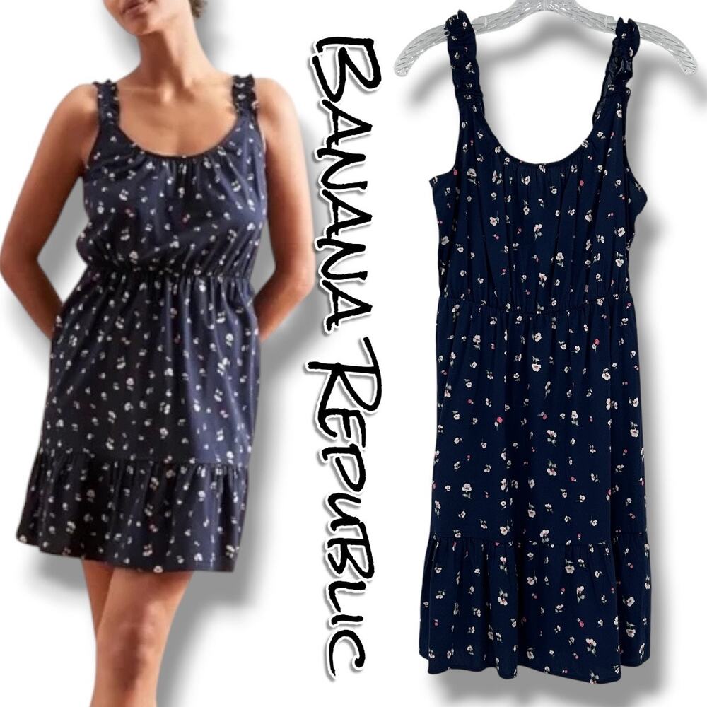 Banana Republic Navy Ditsy Floral Mini Dress XS Ruched Strap Tiered Sundress NWT